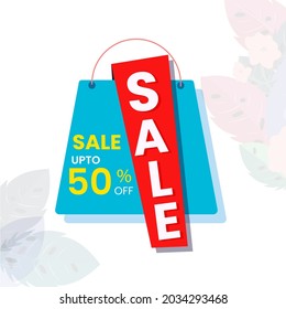 UP TO 50% Off For Sale Poster Design With Shopping Bag Illustration.
