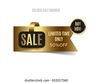 50% off sale ribbon banner with shadow on a white background. Golden sticker or discount label. Web special offer tag. Vector promotion poster, badge template