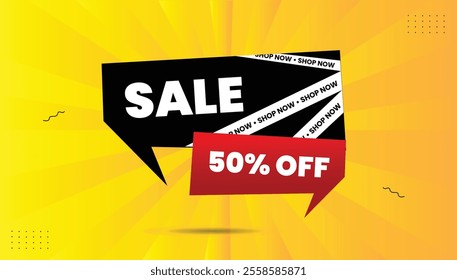 50% off sale! Shop now with this editable EPS vector template. Features black, red shapes, and yellow-orange gradient abstract background. Perfect for eye-catching promotional designs!