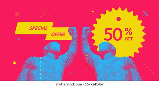 50% off. Sale and special offer. Concept for promotion and advertising. Vector illustration for design or print. Man celebrating success. 