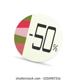 -50 % off sale sticker. Promotion vector sticker or button. Isolated illustration. White background. Best offer. Discount poster, blank. Template sale sticker wor winter - spring sale.