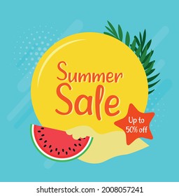 
50% OFF Sale, Summer sale vector banner design. Summer sale promotional discount text with colorful summer floating elements and palm leaves in swimming pool background