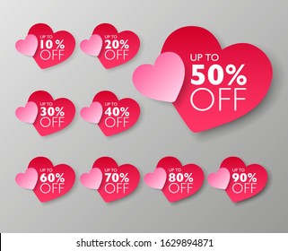 50% off sale tags. Set of 10% through 90% off Pink heart shape labels for sale promotional marketing. Vector illustration.