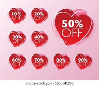 50% off sale tags. Set of 10% through 90% off Red brush painted heart shape labels for sale promotional marketing. Vector illustration.