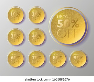 50% off sale tags. Set of 10% through 90% off Golden round labels for sale promotional marketing. Vector illustration.
