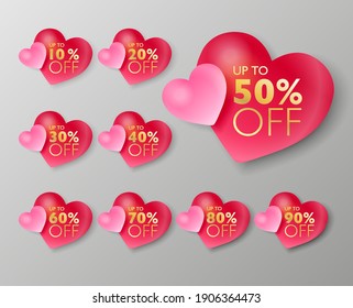 50% off sale tags. Set of 10% through 90% off 3d Pink heart balloon labels for sale promotional marketing. Vector illustration.