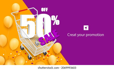 50% off and sale text on shopping cart and all objects on orange and purple background and there are yellow balloons all around for advertising promotion sale concept design,vector 3d 