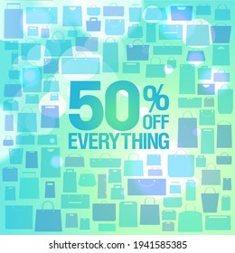 50% off sale vector banner template with shopping bags pattern and bokeh lights on a backdrop