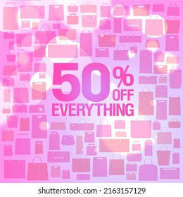 50% off sale vector banner template with shopping bags pattern and pink background