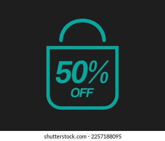 50% off sale. Vector promotional bag with fifty percent off. Marketing design isolated on dark background