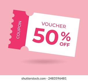 50% de descuento en el Cupón de cupones de venta. Ilustración de promoción del cincuenta por ciento. Etiqueta de la etiqueta, Anuncio de la venta con Cupón de descuento. Vales de regalo de Vector rosa.