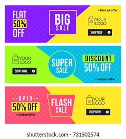 50 off Set of flat geometric vector banners in fresh modern style. Discount offer price label, symbol for advertising campaign in retail, sale promo marketing, ad offer on shopping.
