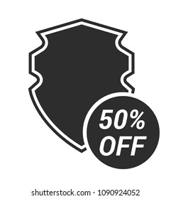 50% OFF and shield, vector illustration