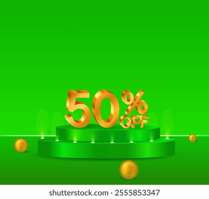 50% off shiny golden text vector in 3D style. podium with green background. golden spheres. marketing project.