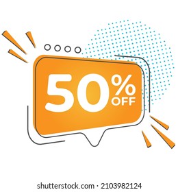 50% off special offer. Banner with 
fifty percent discount on a orange square balloon.