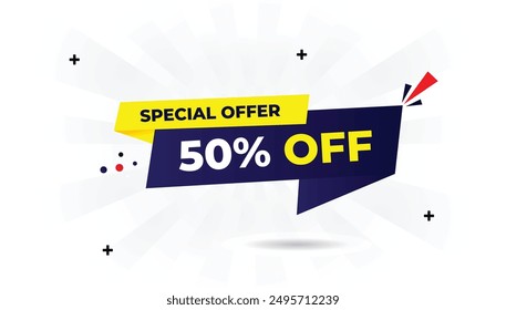 50% Off Special Offer Banner with White Background, Dark Blue and Light Blue Gradient, and Yellow Shapes Eye catching Vector Art for Effective Promotions offer, sale, price, promotion, discount