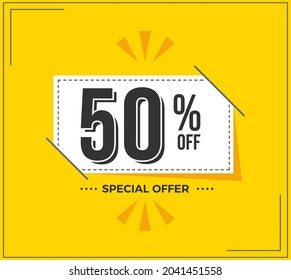 50% OFF. Special Offer Marketing Announcement. Discount promotion.50% Discount Special Offer Conceptual Yellow Banner Design Template.