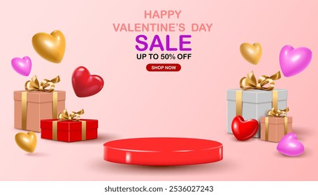 up to 50% off special offer. promotion,shopping discount valentine's day business sale banner. gift boxes and hearts red podium decorative valentine's day business marketing and advertising poster.