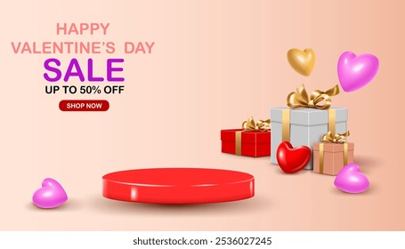 up to 50% off special offer. promotion,shopping discount valentine's day business sale banner. gift boxes and hearts red podium decorative valentine's day business marketing and advertising poster.