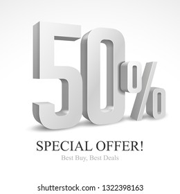 50% Off Special Offer Silver 3D Digits Banner, Template Fifty Percent. Sale, Discount. Grayscale, Metal, Gray, Glossy Numbers. Illustration Isolated On White Background. Ready For Your Design. Vector