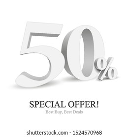 50% Off Special Offer Silver 3D Digits Banner, Template Fifty Percent. Sale, Discount. Grayscale, Metal, Gray, Glossy Numbers. Illustration Isolated On White Background. Ready For Your Design. Vector