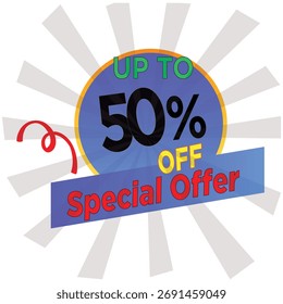 Até 50% de desconto no banner de vetor da oferta especial: Emblema promocional de alto impacto com explosão solar radial, tipografia arrojada e elementos multi-cor para publicidade com desconto.