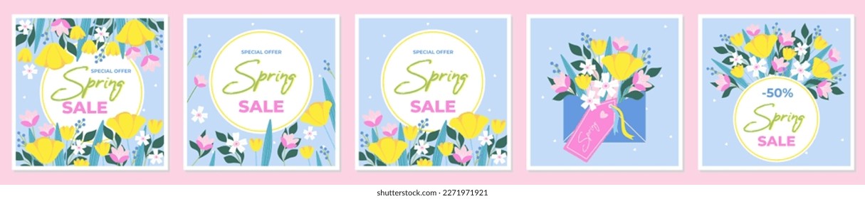 Up to 50% off Spring Sale banne template typography. Light blue background with bright spring flowers. Vector illustration