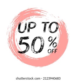 Up to 50% off spring sale. Discount banner on watercolor pink background, hand drawn texture. Spring sale campaign with 50% off
