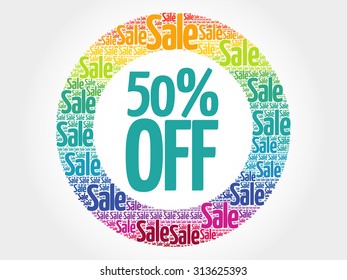 50% OFF stamp vector words cloud, business concept background