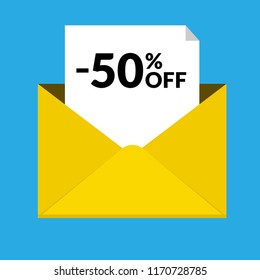 50% OFF sticker, label and envelope