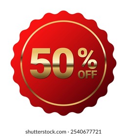 50% de desconto no rótulo do adesivo, emblema Red Serrated Circle Vetor de decoração isolado, para produto com desconto de publicidade, projeto de vetor Golden Text brilhante para elemento de design de embalagem ou site de compras 