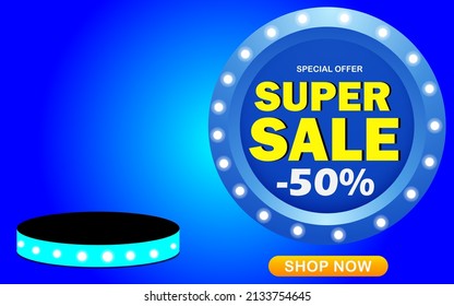 50% off. Super sale banner. 50 percent off. Special offer mega sale. Banner for special promotion announcement. Circular blue template with lights around.