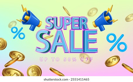 Hasta un 50% de descuento en el Anuncio de promoción de negocios de súper venta, monedas de oro, altavoces de megáfono volando y fondo de marketing de negocios de súper venta decorativo. 