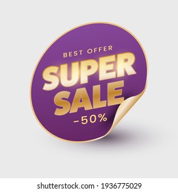 UP TO 50% Off For Super Sale Label Or Sticky In Grey And Golden Color.