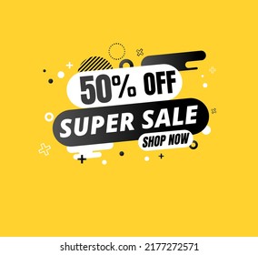 50% off, super sale Sale, special offer and sale banner. Buy now. Yellow design, promotion, vector illustration