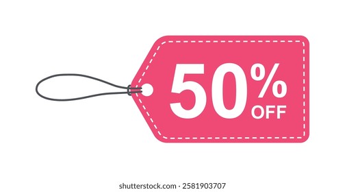 50% off tag banner pink colour. Business shopping online website discount sal tag label design vector illustration.