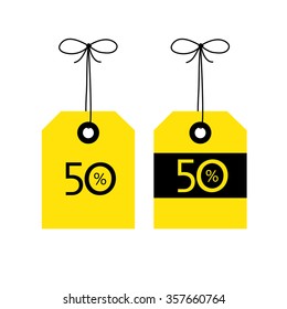 50% OFF tag icon, vector illustration. Black and yellow color combination for best contrast.