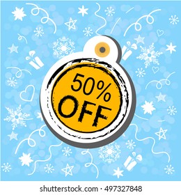 50% off tag on winter background.
