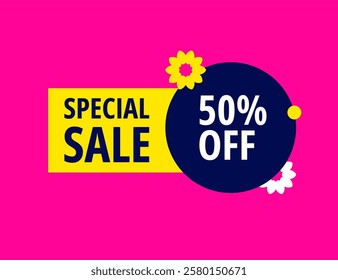 50% off tag - pink background with fifty percent off offer banner. Yellow, circle, flowers. Special summer or carnival offer for a limited time