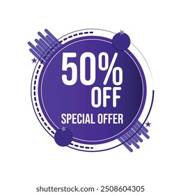 50% OFF tag purple sticker discount offer promotion label sale price reduction special offer deal badge template circular promotional tag round shopping Tag Percent vector isolated on white background