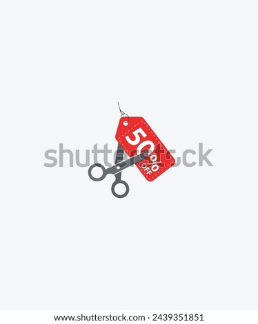 50% Off tag. Scissors are cutting Red Tag. Sales promotion offer tag. Vector illustrations