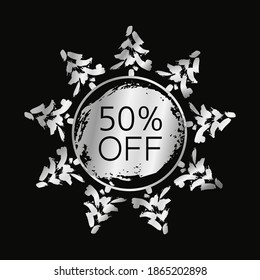 50 off template poster in circle with silver Christmas Tree round. Vector winter plant silhouette with offer. Vector illustration