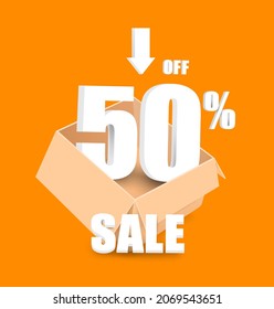 50% off text 3d in a parcel box and all object floating in the air for advertising promotion sale,vector 3d isolated on orange background