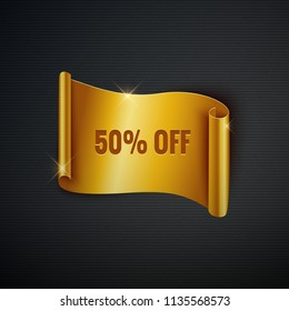 '50% off' text on red ribbon, half price, banner, advertising, shop, vector illustration
