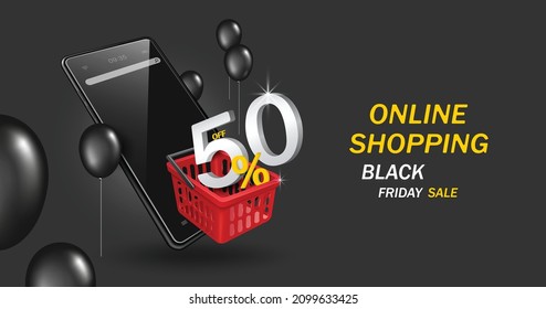 50 % Rabatt auf Text in rotem Korb und alle auf Smartphone-Bildschirm und Es waren Ballons im Umlauf für Online-Shopping Black Friday Promotion Konzept Design, Vektor 3d auf schwarzem Hintergrund für Werbung