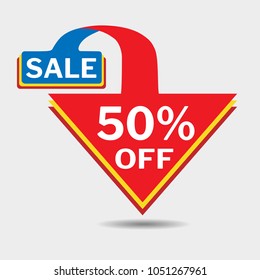 50% OFF triangle discount sticker, isolated sale tag vector illustration. Discount offer price label and symbol.