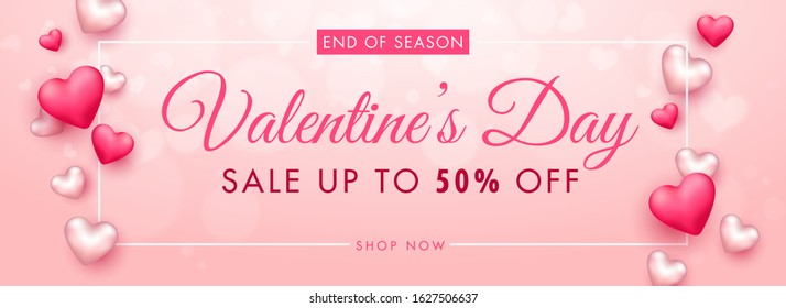 UP TO 50% Off for Valentine's Day Sale Header or Banner Design Decorated with 3D Hearts.