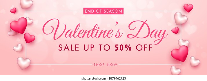 UP TO 50% Off for Valentine's Day Sale Header or Banner Design Decorated with 3D Hearts.