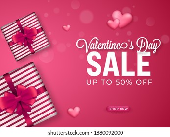 UP TO 50% Off For Valentine's Day Sale Poster Design With Top View Of Realistic Gift Boxes.
