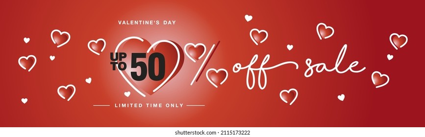 50 % off Valentine's Day Sale handwritten typography lettering line design with many sweet white red hearts Promotion shopping template